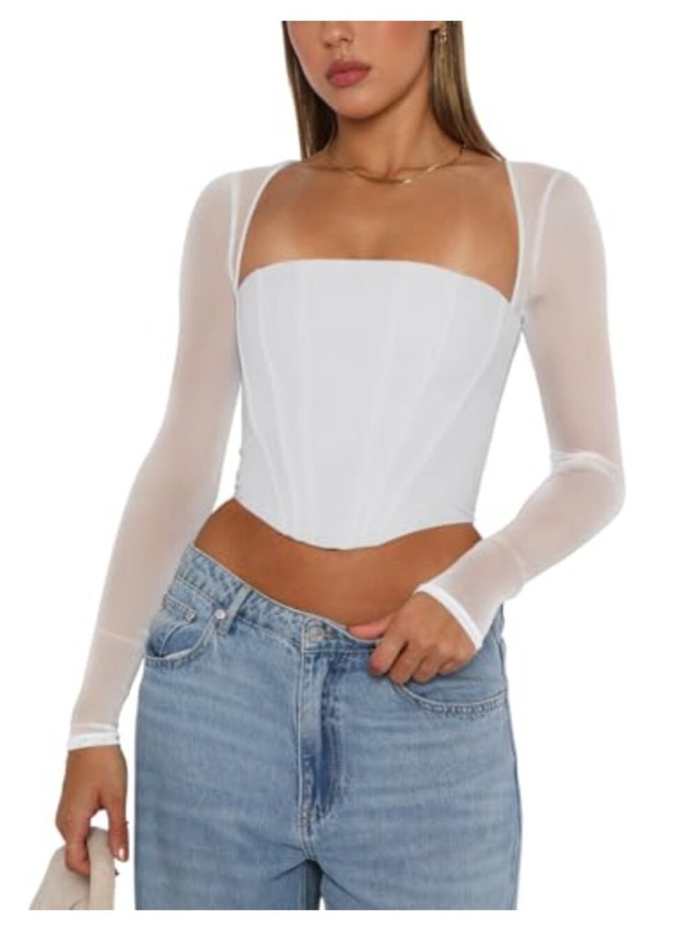 Women's Mesh Long Sleeve Boned Corset Top Y2K Square Neck Bustier Crop